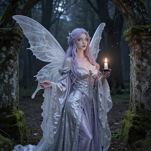 Digital art of a fairy with lavender hair, silver dress, and translucent wings, holding a lit candle in a dark, enchanted forest.