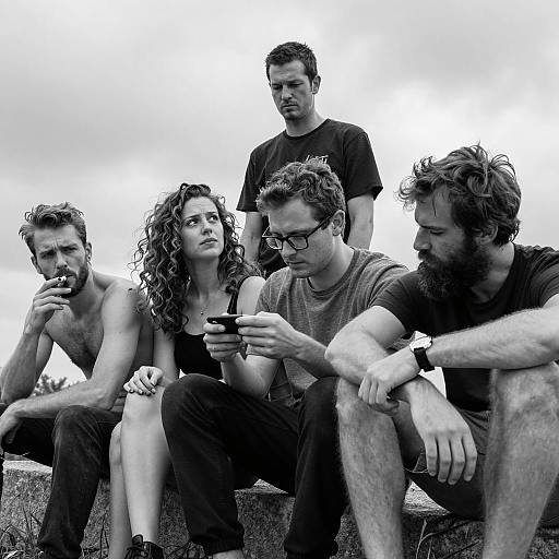 Group of Young Adults Outdoors in Black and White