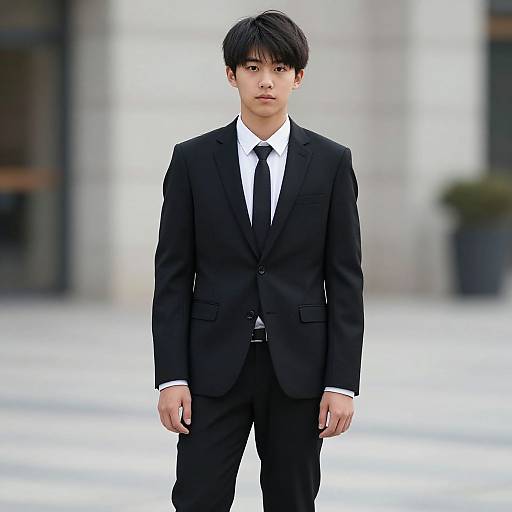 Photograph of a young Asian man with straight black hair, wearing a black suit, white shirt, and black tie, standing confidently in a blurred urban