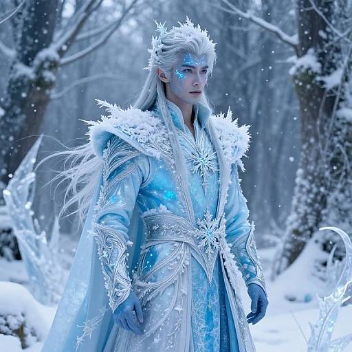 Ethereal snow queen in elaborate, icy blue and white costume with frosty crown, standing in a snowy forest. Photorealistic CGI image.