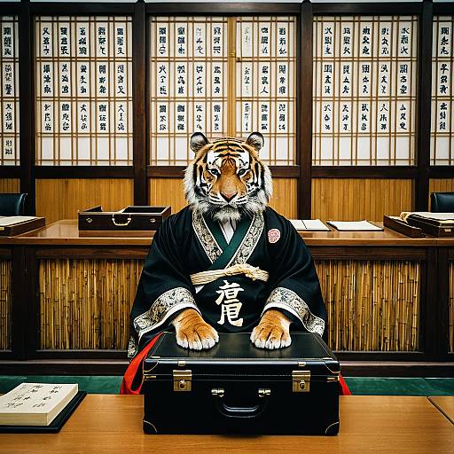 Tiger in Traditional Taiwanese Robe in Courtroom