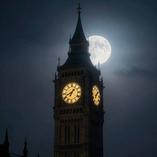 Photograph of the illuminated Big Ben clock tower against a dark night sky with a full moon glowing behind it.