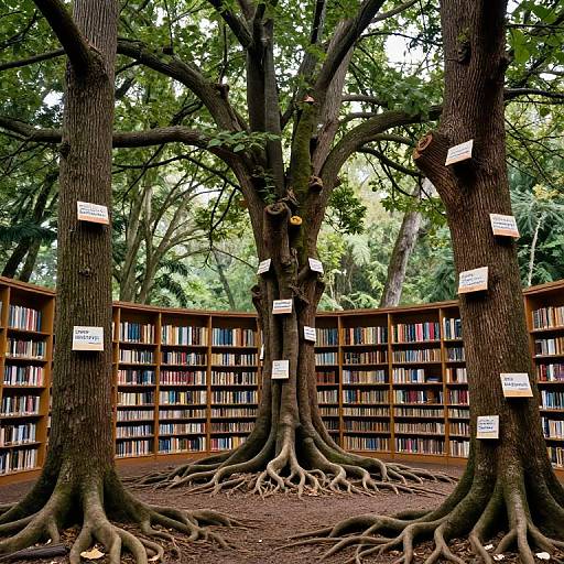 Tree Library with Roots and Bookshelves