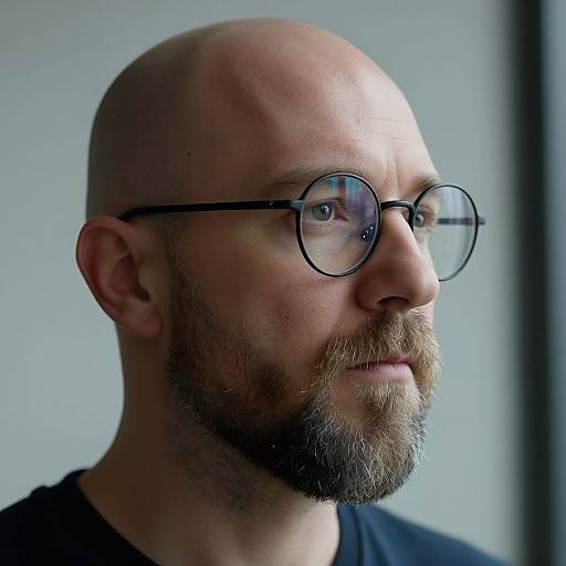 Photograph of a bald, bearded man with round glasses, fair skin, and a serious expression, wearing a black shirt, against a soft gray