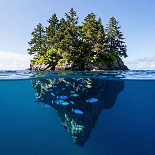 Photograph of a small island with dense evergreen trees reflected in clear blue water, above which a school of blue fish swims. Bright, clear sky