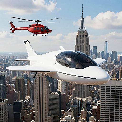 Futuristic Hovercraft Over Cityscape