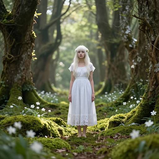 Photograph of a fair-skinned, blonde woman in a white lace dress standing in a sunlit, mossy forest with white flowers.
