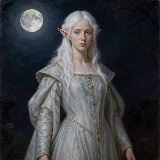 Digital painting of a pale-skinned, silver-haired elf woman with pointed ears, wearing an ornate, silver gown, standing under a full moon.