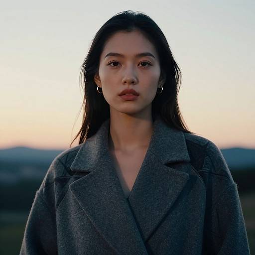 Photograph of an East Asian woman with long black hair, wearing a grey woolen coat, standing against a sunset sky.