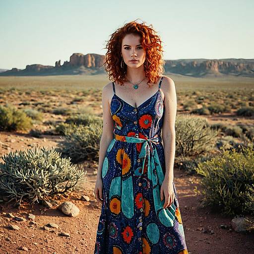 Redhead Woman in Colorful Sundress in Desert