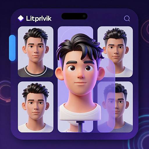 Digital illustration of a young man's face with five variations, displayed in a smartphone interface labeled 