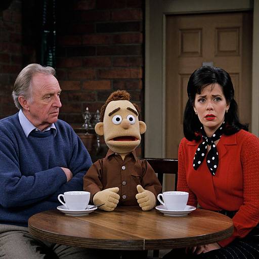 Photograph of an older man, a cartoon character, and a woman with black hair in red blouse and polka dot scarf, sitting at a wooden