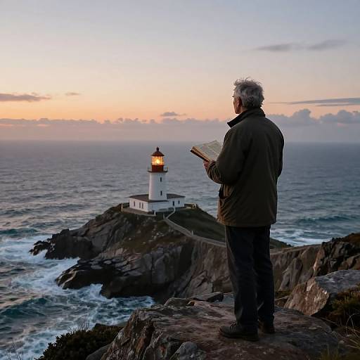Elderly man with white hair, brown jacket, and black pants reads book while standing on rocky cliff, overlooking illuminated lighthouse at sunset.