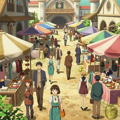 Anime-style digital illustration of a bustling outdoor market with colorful umbrellas, vendors, and diverse characters in vintage clothing.
