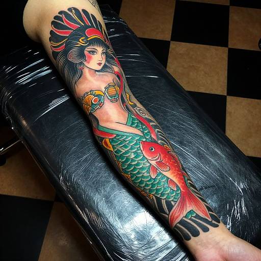 Vibrant tattoo of a mermaid with black hair, red and green scales, and a large red fish on a black-tattooed arm