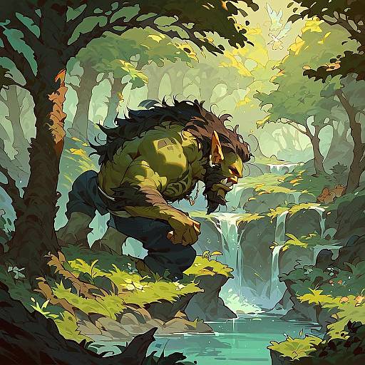 Digital illustration of a muscular, green-skinned werewolf with dark fur, crouching by a cascading waterfall in a dense, sunlit forest