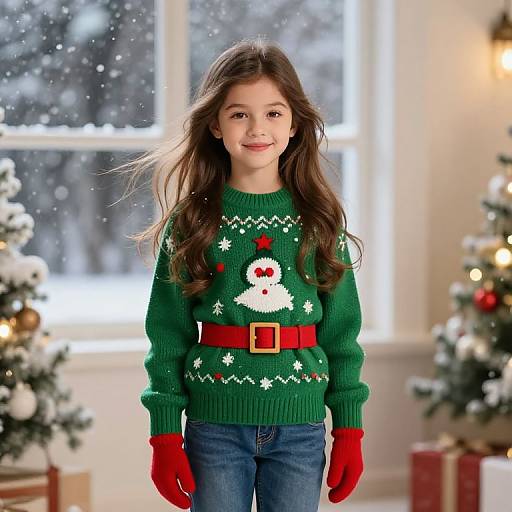 Photograph of a smiling young girl with long brown hair, wearing a green Christmas sweater with a snowman, red belt, and red gloves, standing