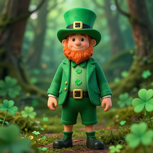 CGI image of a cheerful, red-bearded leprechaun in green outfit and top hat, standing in a lush, forested meadow