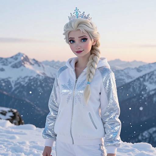 Photorealistic digital artwork of Elsa from Frozen, wearing a silver-sequined white hoodie, silver crown, braided blonde hair, standing in snowy