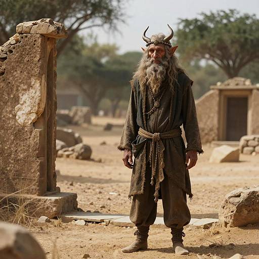 Photograph of an elderly, bearded man with horns, wearing tattered dark robes, standing in a sunlit, ruined, desert-like village.