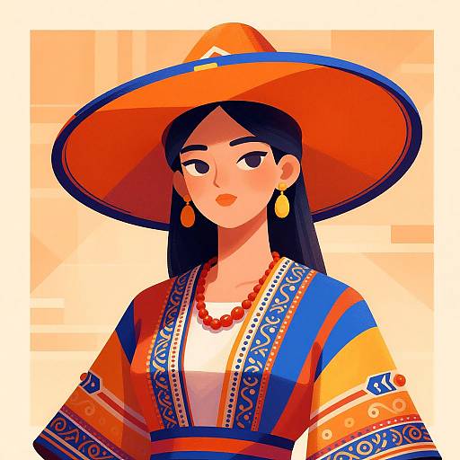 Digital illustration of a Latina woman with long black hair, wearing a large orange hat, red and blue embroidered blouse, and gold earrings, against a beige