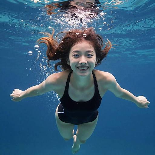 Photograph of a smiling young woman with fair skin and brown hair swimming underwater in a blue pool, wearing a black one-piece swimsuit. Bubbles