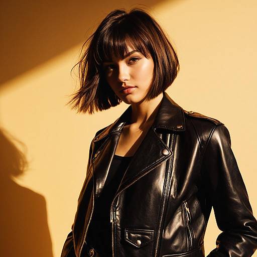 Fashion Model with Stacked Bob Hairstyle in Leather Jacket