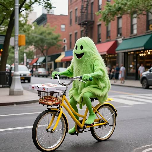 Photograph of a green, furry, Smurf-like character riding a yellow bicycle with a basket on a city street, surrounded by brick buildings and pedestrians