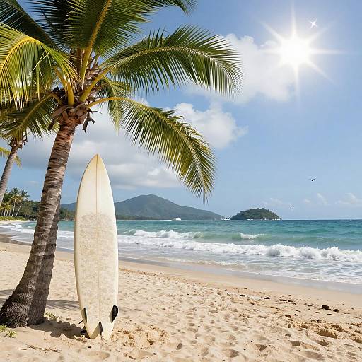 Tropical Beach Scene with Surfboard