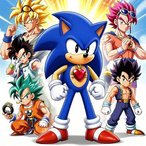 Digital artwork of Sonic the Hedgehog surrounded by six muscular anime-style characters with spiky hair, each displaying intense, heroic stances. Bright colors and