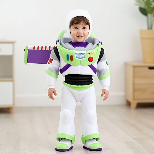 Photograph of a smiling young boy in a colorful Space Ranger costume, standing in a bright, modern living room.