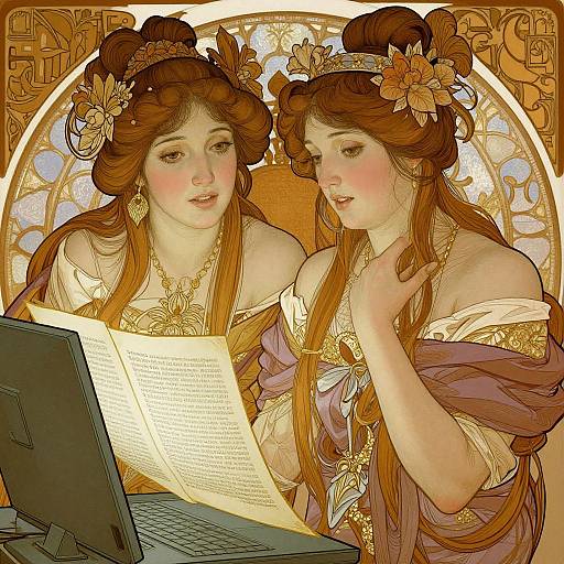 Illustration of two fair-skinned women with flowing auburn hair, adorned with flowers and jewelry, reading from a paper on a computer. Art