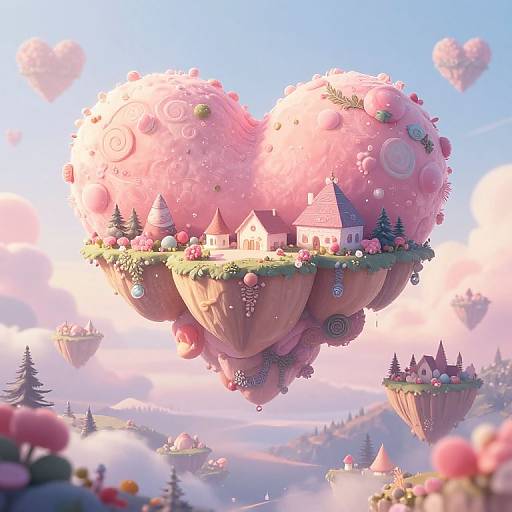 Whimsical CGI scene of floating pink heart-shaped islands with cottages, surrounded by floating flowers, pine trees, and pastel sky.