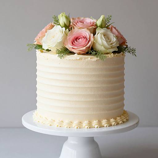Photograph of a white-frosted, ribbed cake with pink, white, and green roses on top, displayed on a white cake stand.