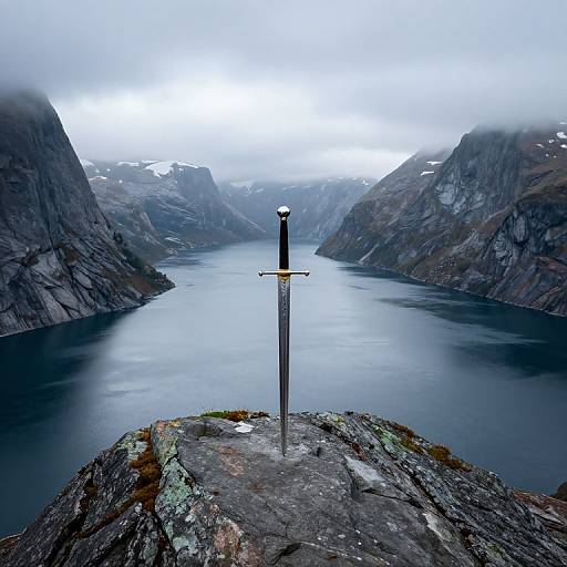 Photograph of a solitary sword standing on a rocky ledge, overlooking a misty, blue fjord surrounded by steep, snow-capped mountains.