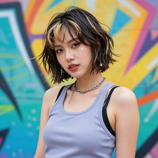 Photograph of a young woman with short, black-brown hair and blonde highlights, wearing a grey tank top, black strap, and silver chain necklace