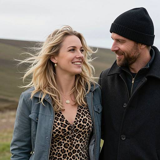 Photograph of a smiling blonde woman in a leopard print top and blue jacket, standing close to a bearded man in a black beanie and coat