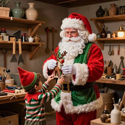 Photograph of Santa Claus in red and green velvet suit, with white fur trim, handing a small Christmas ornament to a young boy in striped green and