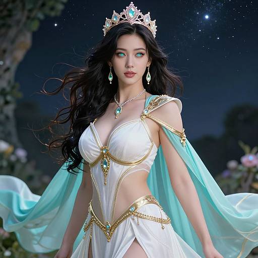 Digital artwork of a beautiful, fair-skinned woman with long black hair, wearing a white, gold-accented, revealing dress, turquoise cape,