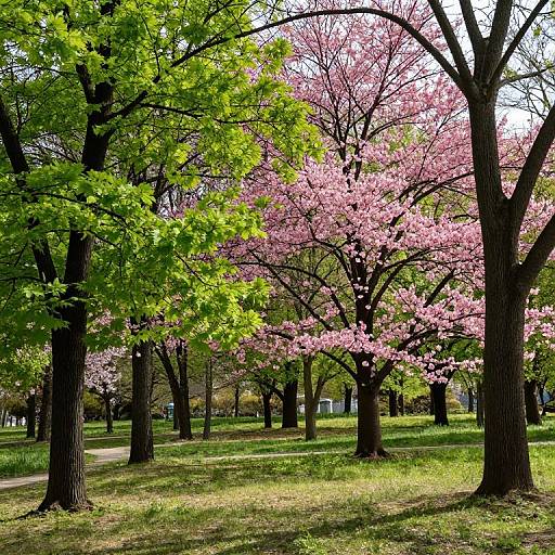 Photograph of a spring park with vibrant green-leaved and pink-blossomed trees, sunlight filtering through, casting shadows on the grassy ground.