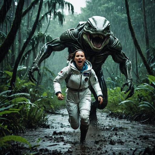 Astronaut Running from Giant Amphibian in Alien Swamp