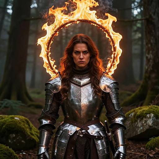 Photograph of a fierce woman with long brown hair, wearing silver armor, standing in a forest with a fiery halo above her head.