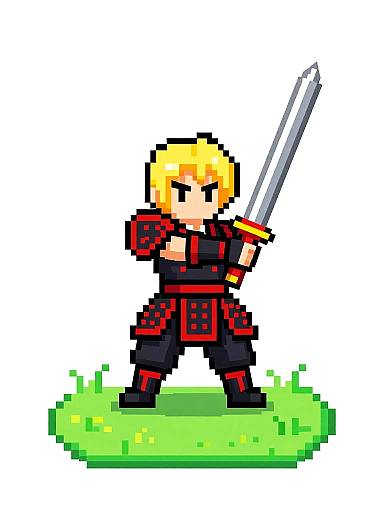 Pixel art of a blonde warrior with a sword, wearing black and red armor, standing on a green grassy patch.
