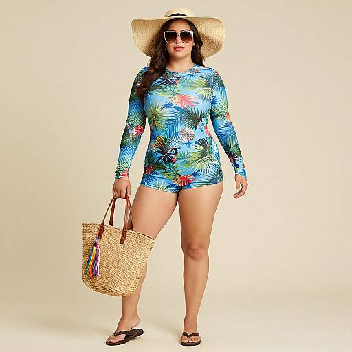 Photograph of a curvy woman with fair skin wearing a blue tropical print long-sleeve romper, straw hat, sunglasses, and black flip