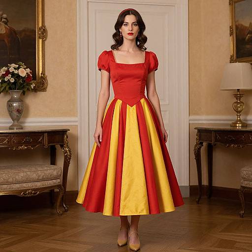 Photograph of a woman with fair skin and dark wavy hair, wearing a red puffed-sleeve top and yellow-red skirt, standing in