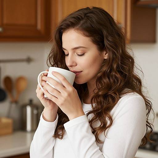 Photograph of a young woman with long, wavy brown hair, wearing a white long-sleeve shirt, sipping from a white mug in