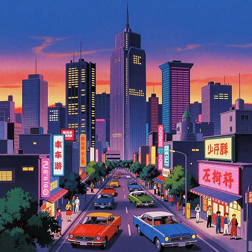 90s Retro Futuristic Anime Cityscape