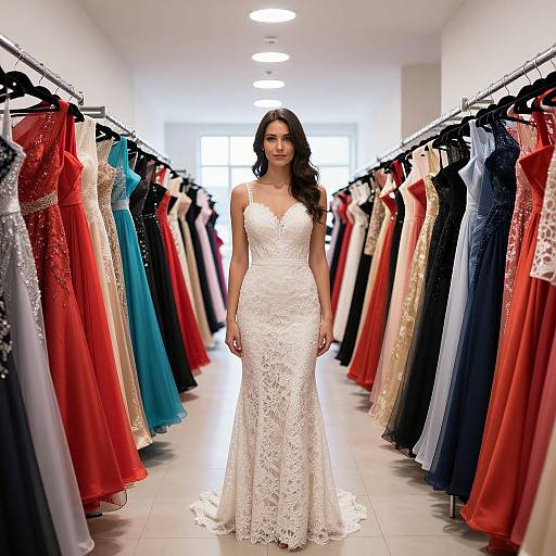 Photograph of a brunette woman in a white lace wedding dress standing in a brightly lit bridal gown store, surrounded by colorful gowns on both sides.