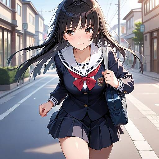 Embarrassed Schoolgirl Running in Morning