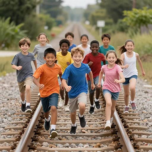 Children Running on Railroad Tracks